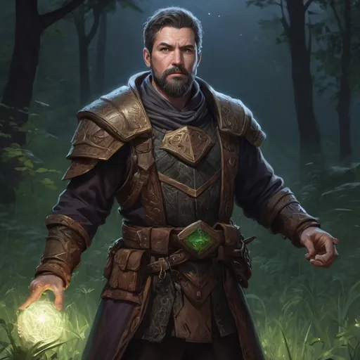 Prompt: (head and torso) Male heavy-set mature fantasy-mage with short-cut hair and beard, holding magic-spell, in a grass field covered in trees at night, in combat, pathfinder, d&d setting, in a realistic high quality digital art style, enhanced shadow quality
