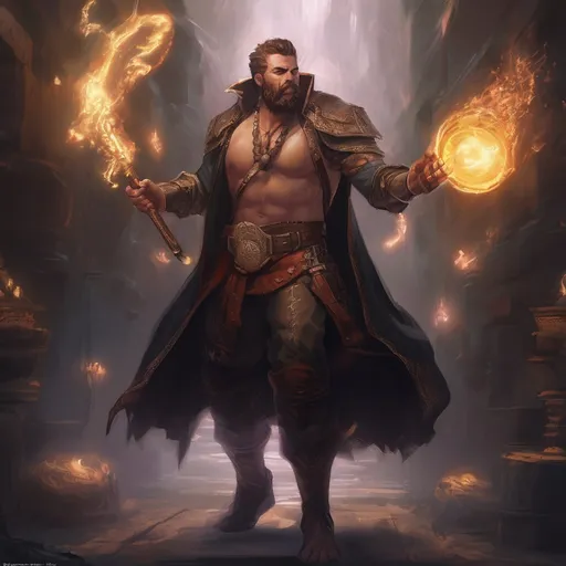 Prompt: (Full body) male stocky arcane-summoner with short-cut hair and beard, holding magic staff with swirly lights, no shirt on, very-hairy chest, in a dark underground dungeon temple, pathfinder, d&d setting, in a realistic digital art style