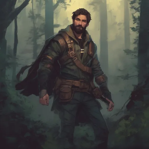 Prompt: (Full body) male handsome muscular thief with short hair and beard, sneaking in a forest at night, pathfinder, d&d setting, in a realistic high quality digital art style