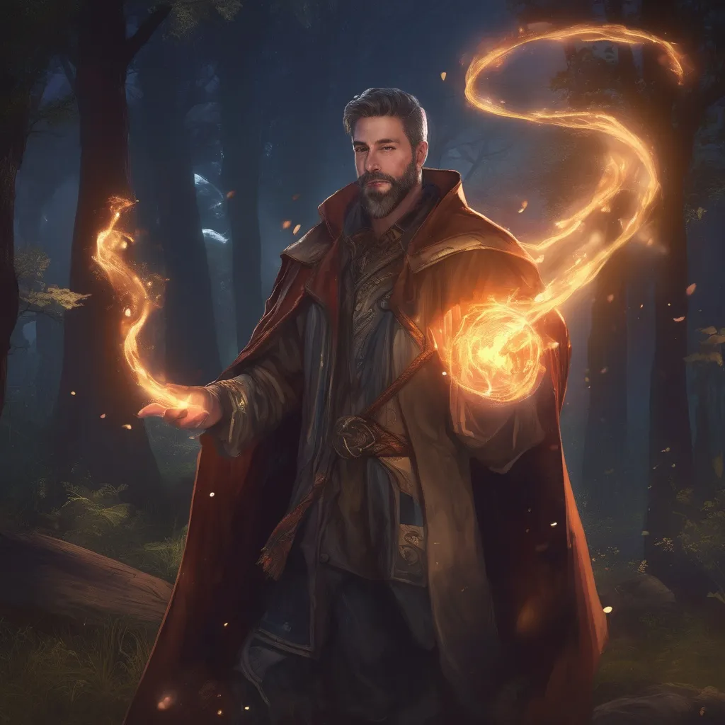 Prompt: (Full body) male large swiss sorcerer with short-cut hair and beard, casting a magical spell, outside of a forest at night, cloak, pathfinder, d&d setting, in a realistic digital art style