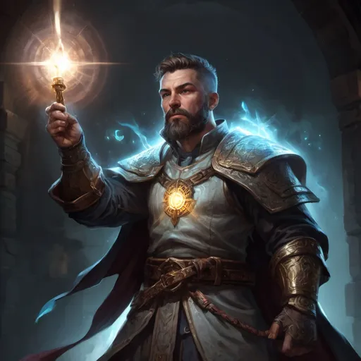 Prompt: Male stocky large cleric with short-cut hair and beard, engaged in combat casting a holy light spell inside of a dark dungeon, pathfinder, d&d setting, in a realistic high quality digital art style, enhanced shadow quality, colorful