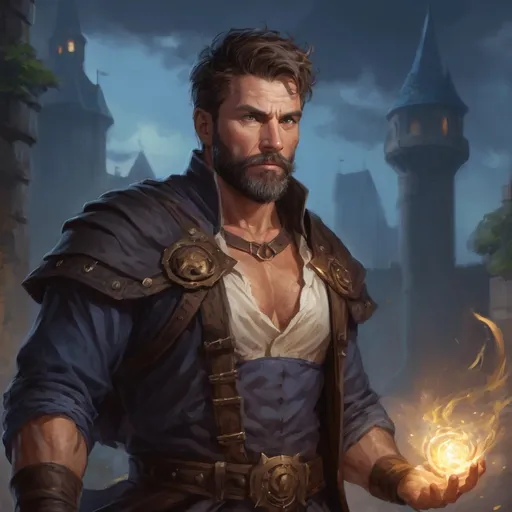 Prompt: Male heavy-set mature fit muscular large sorcerer with short-cut hair and beard, in a windy castleground at night, pathfinder, d&d setting, enhanced shadow quality