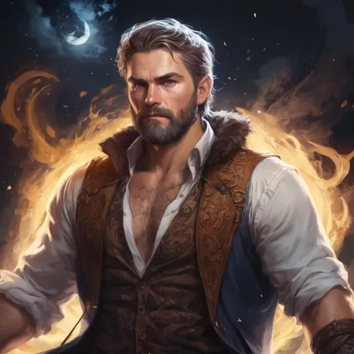 Prompt: male stocky heavy-set norwegian transmuter with short hair and beard,  open shirt hairy chest, casting swirly bright spell, in nature at night, pathfinder, d&d setting, in a realistic high quality digital art style