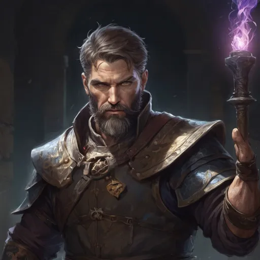 Prompt: (torso) Male stocky large mature Swedish handsome battle-mage with short-cut hair and beard, engaged in combat casting an arcane-spell inside of a dark dungeon, in movement, pathfinder, d&d setting, realistic, enhanced shadow quality, colorful