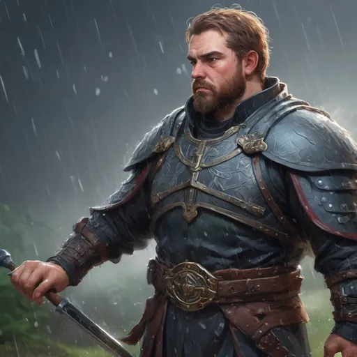 Prompt: Male stocky heavy-set fat noble guard with short-cut hair and beard, in nature in a heavy rainstorm, pathfinder, d&d setting, in a realistic high quality digital art style, enhanced shadow quality, colorful