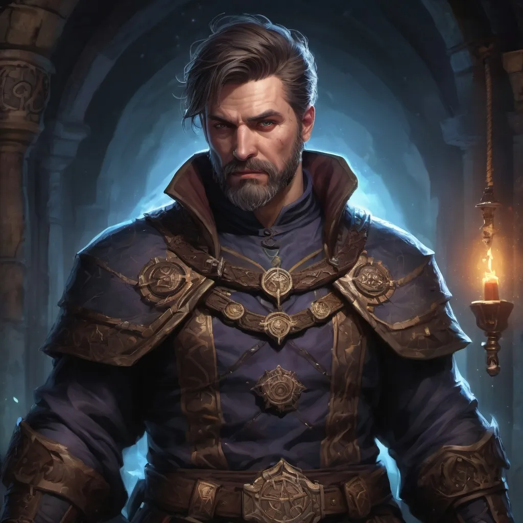 Prompt: (torso) Male stocky mature summoner with short-cut hair and beard, inside of a magical temple dungeon at night, summoning an magic eidolon, pathfinder, d&d setting, in a realistic high quality digital art style, enhanced shadow quality