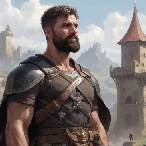 Prompt: Male heavy-set mature fit muscular large fighter with short-cut hair and beard, in a windy castleground, pathfinder, d&d setting, enhanced shadow quality