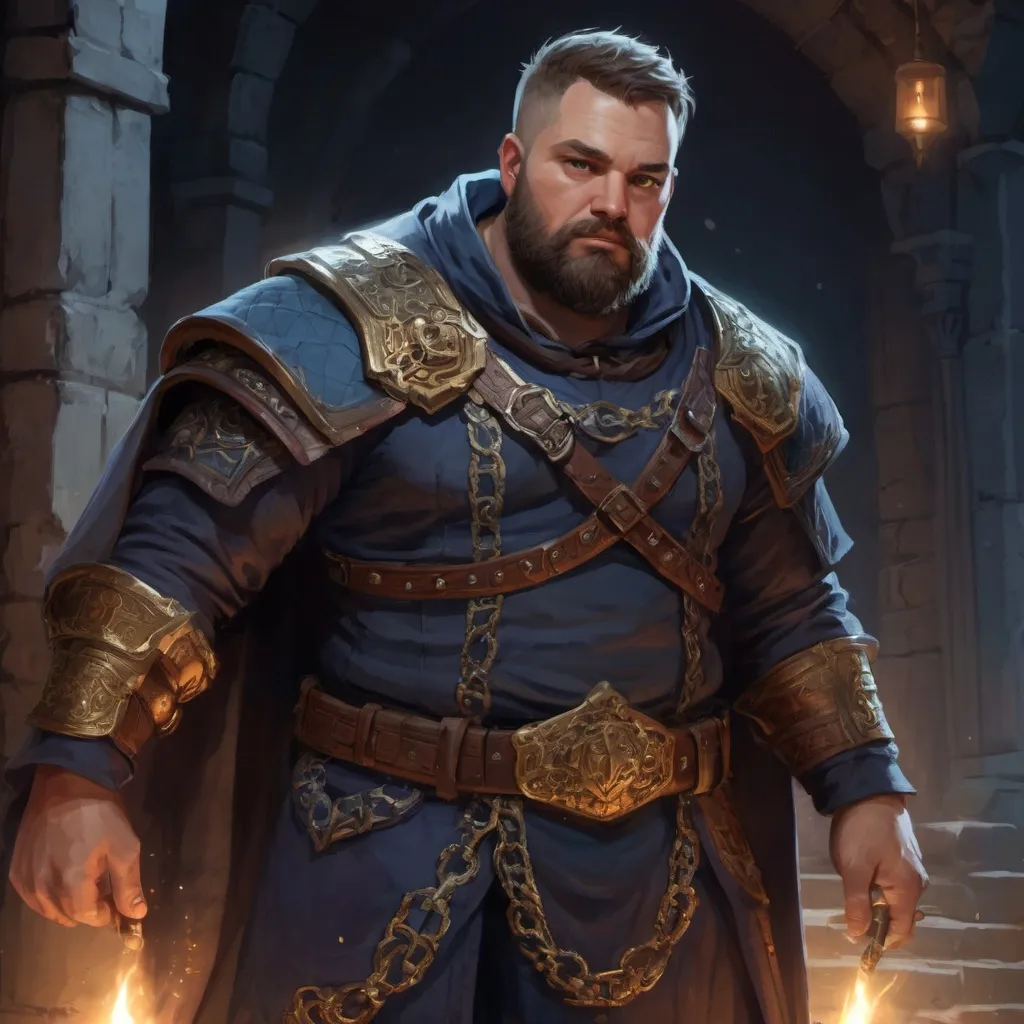 Prompt: Male stocky beefy fat royal noble with short-cut hair and beard, big belly, inside a temple dungeon at night, pathfinder, d&d setting, in a realistic high quality digital art style, enhanced shadow quality