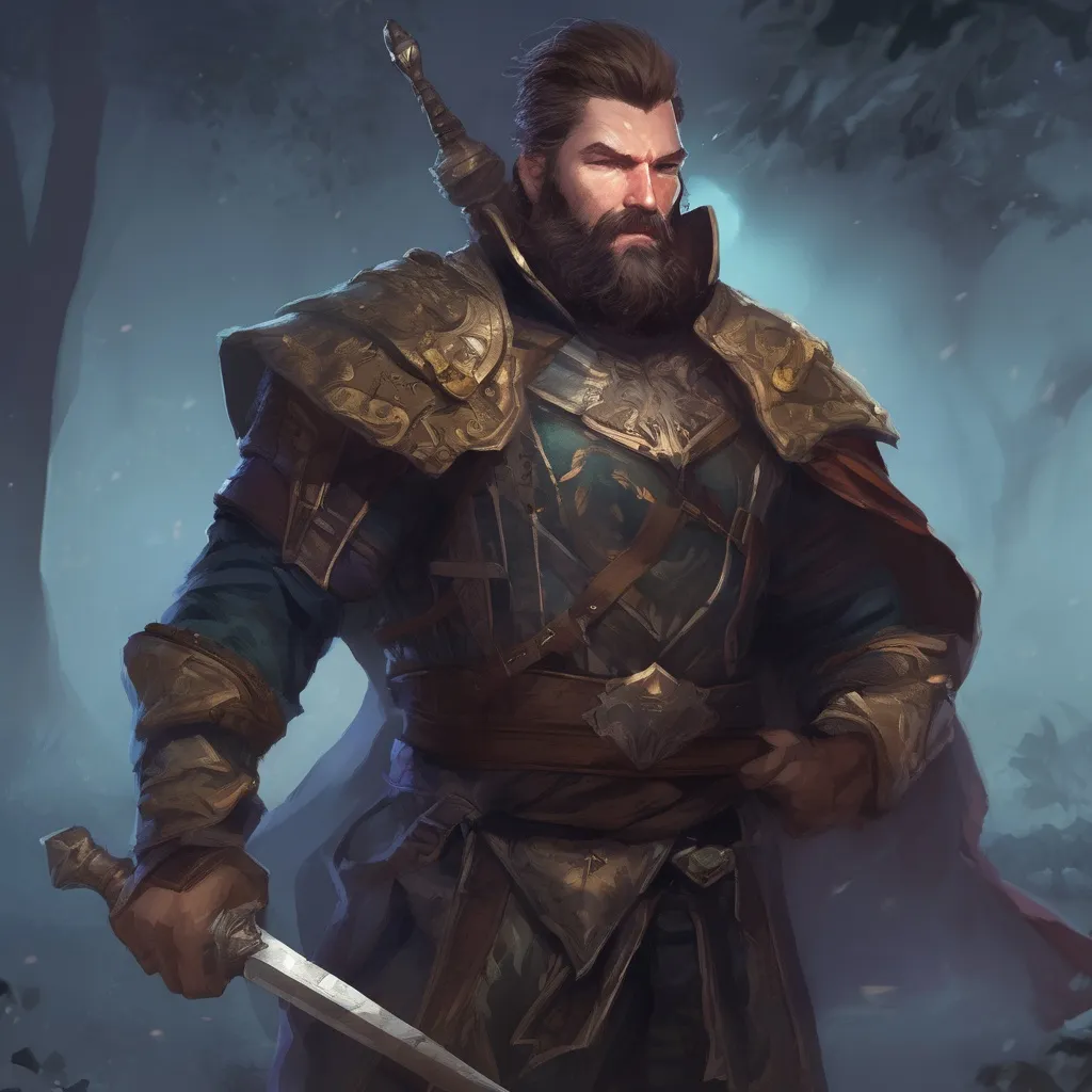 Prompt: (Full body) male stocky big-chested noble dragoon with striped short hair and beard, in nature at night, pathfinder, d&d setting, in a realistic digital art style