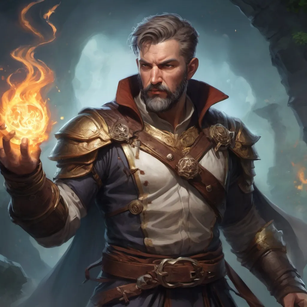 Prompt: (torso) Male stocky large mature fit battle-mage with short-cut hair and beard, engaged in combat casting a light-spell  nature, pathfinder, d&d setting, realistic, enhanced shadow quality