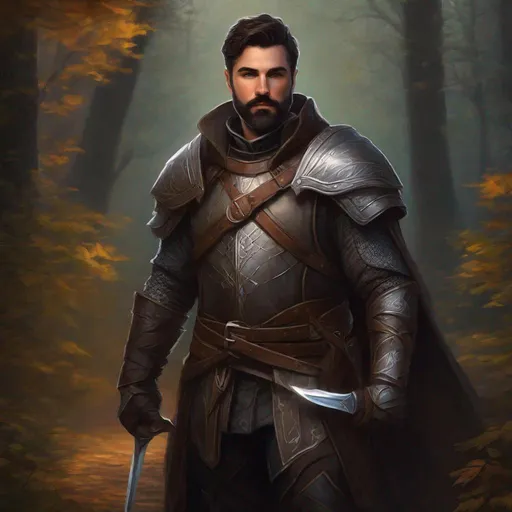 Prompt: (Full body) A male rogue with short cut dark hair with grey in it with beard manly face, dark- leather armor, pathfinger, magic swirl, holding magic , dungeons and dragons, brown boots, fantasy setting, standing in a forest glade at night, in a painted style realistic art