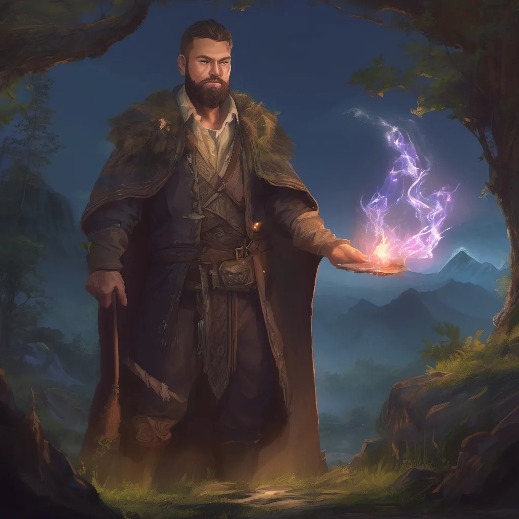 Prompt: (Full body) male stocky big-chested hairy-chested sorcerer with short hair and beard, no shirt on, casting a spell, in nature at night, pathfinder, d&d setting, in a realistic digital art style