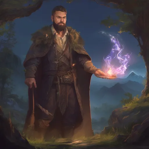 Prompt: (Full body) male stocky big-chested hairy-chested sorcerer with short hair and beard, no shirt on, casting a spell, in nature at night, pathfinder, d&d setting, in a realistic digital art style