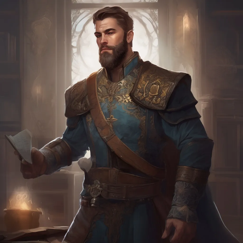 Prompt: (Full body) male stocky young royal noble with short-cut hair and beard, in a dark room, pathfinder, d&d setting, in a realistic digital art style