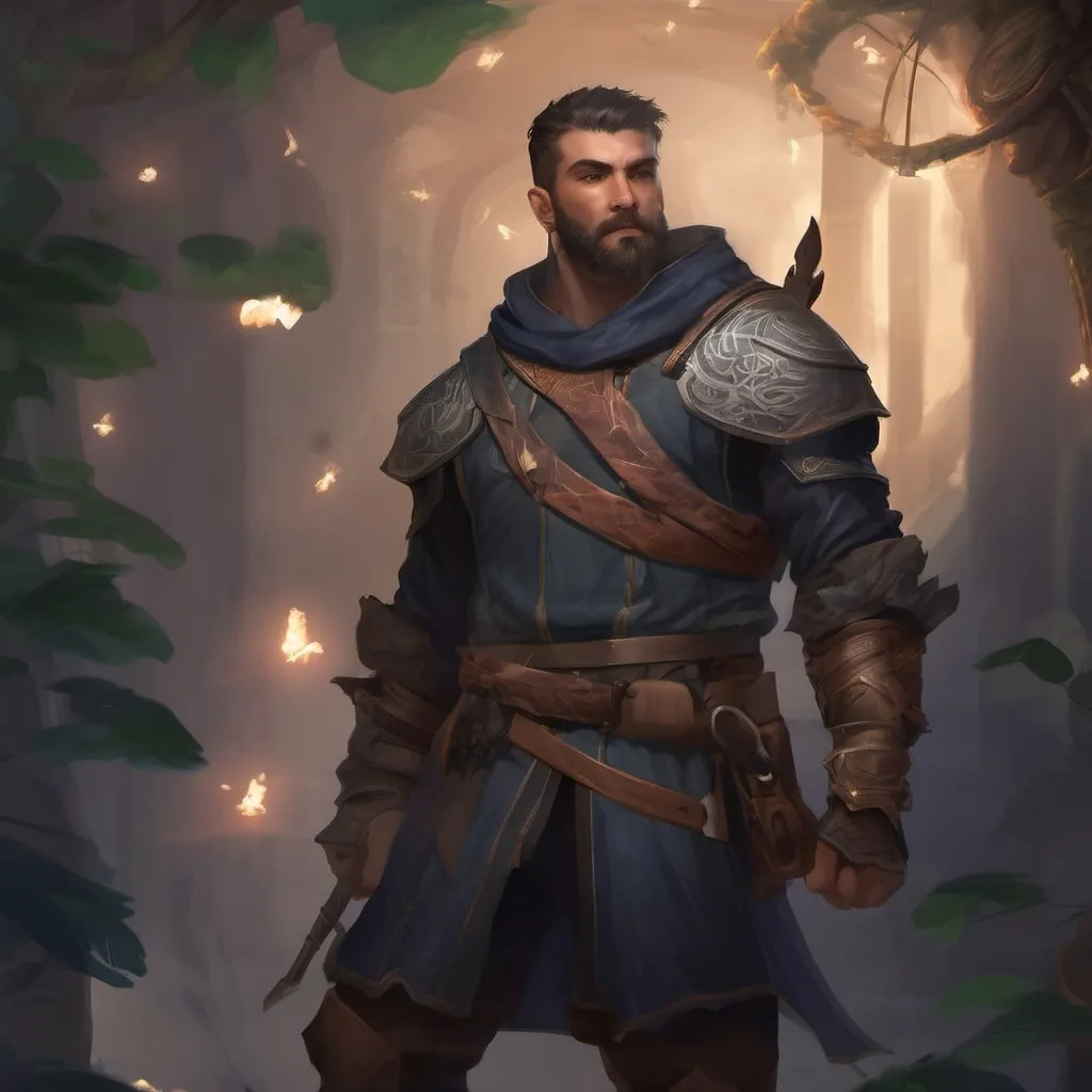 Prompt: (Full body) male stocky ranger with short-cut hair and beard, no shirt on, hairy chest, casting a swirly nature-spell, in nature at night pathfinder, d&d setting, in a realistic digital art style