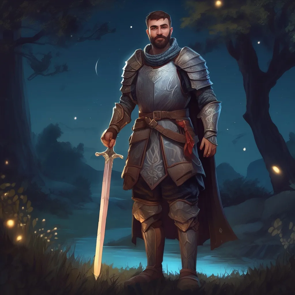 Prompt: (Full body) male magical stocky turkish knight with short hair and beard, in nature at night, pathfinder, d&d setting, in a realistic digital art style