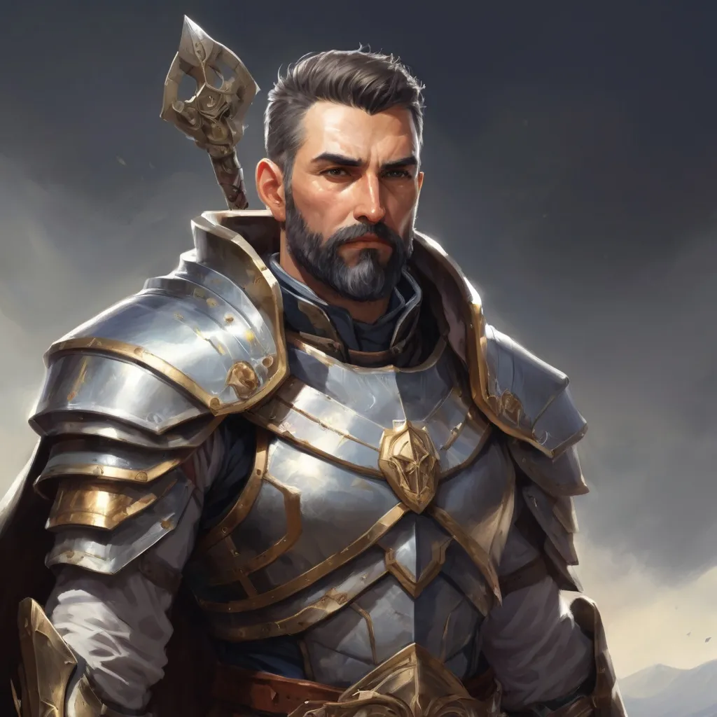 Prompt: Male heavy-set mature holy-paladin with short-cut hair and beard, in a windy valley, pathfinder, d&d setting, enhanced shadow quality