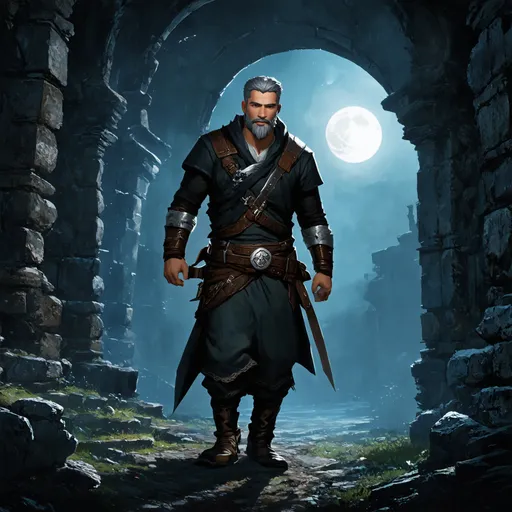 Prompt: (Full body) male rogue with grey short hair and beard, belt and pants, exploring ruins at night, pathfinder, d&d setting, in a digital art style