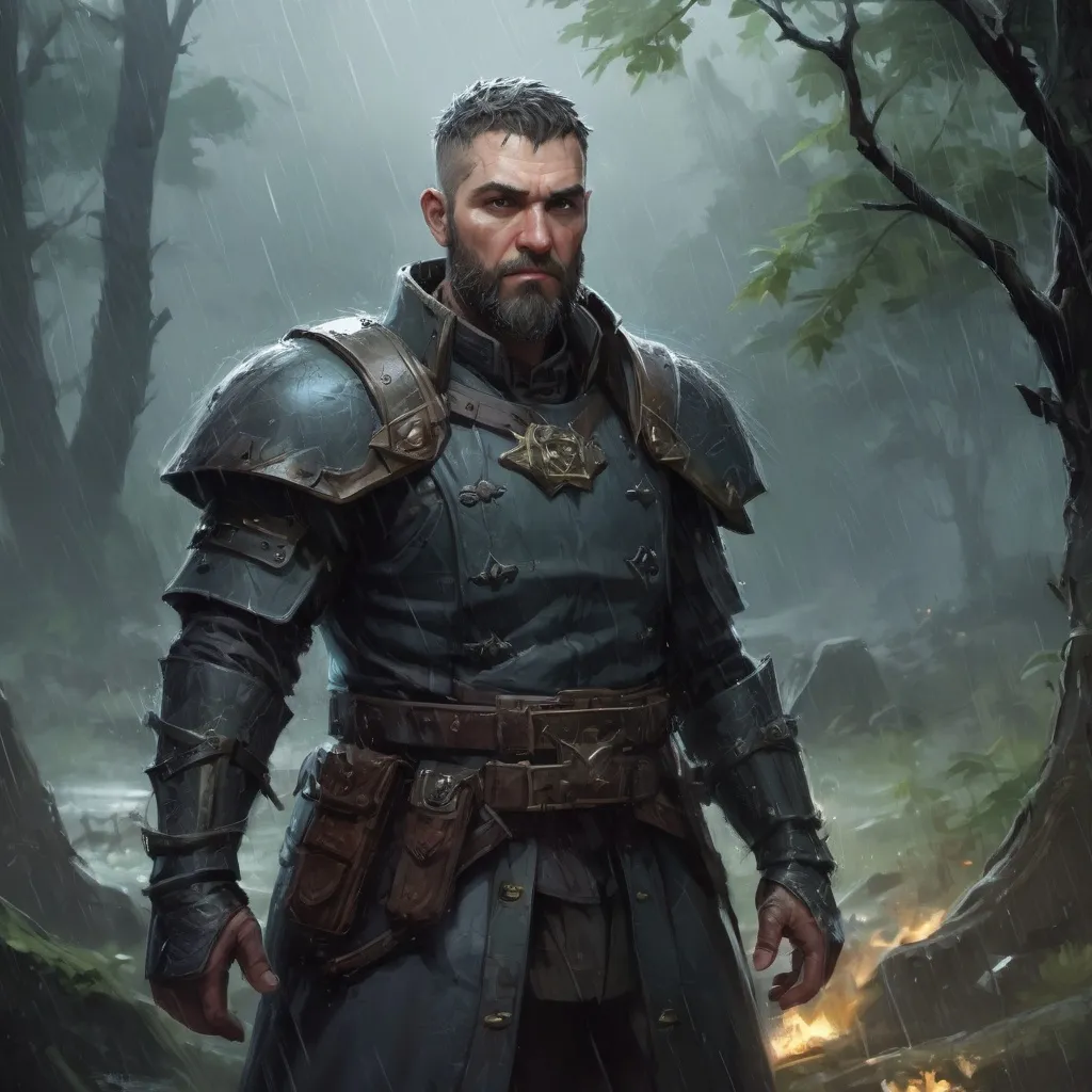 Prompt: Male stocky heavy-set inquisitor with short-cut hair and beard, in a thicket battlefield in a heavy rainstorm, pathfinder, d&d setting, in a realistic high quality digital art style, enhanced shadow quality, colorful