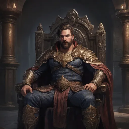 Prompt: (Full body) male stocky masculine manly hunky royal king with short hair and beard, hairy chest, in a dark throne room, pathfinder, d&d setting, in a realistic high quality digital art style