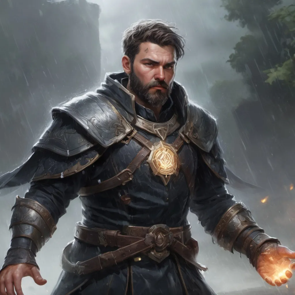 Prompt: Male stocky heavy-set large armoured cleric with short-cut hair and beard, casting a magical spell out of hands, on a battlefield in the rain, pathfinder, d&d setting, in a realistic high quality digital art style, enhanced shadow quality