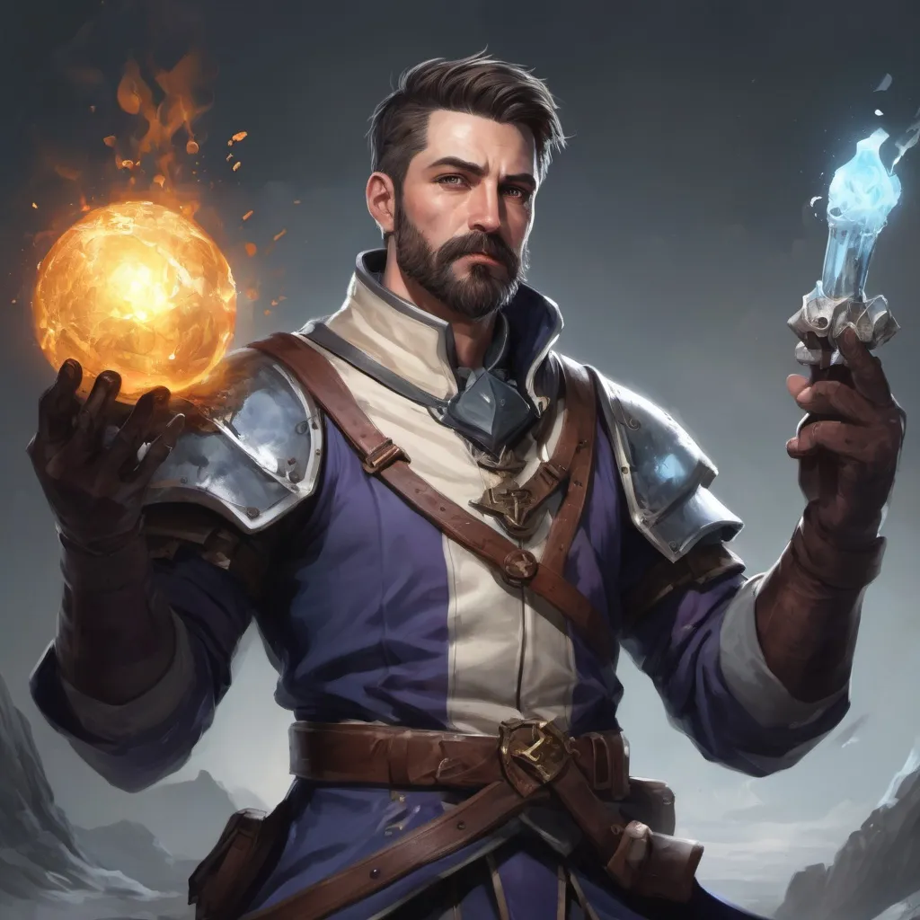 Prompt: Male stocky heavy-set mature arcane-alchemist with short-cut hair and beard, on a battlefield, in combat, holding a frostbomb, pathfinder, d&d setting, in a realistic high quality, enhanced shadow quality, colorful