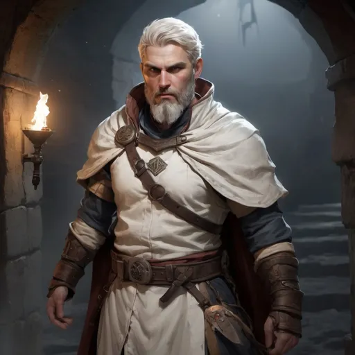 Prompt: Male stocky large masculine white-mage with short-cut hair and beard, exploring a dark cellar, pathfinder, d&d setting, realistic, enhanced shadow quality