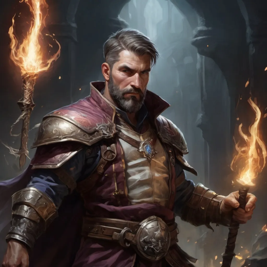 Prompt: (torso) Male stocky large mature handsome battle-mage with short-cut hair and beard, engaged in combat casting an arcane-spell inside of a dark dungeon, in movement, pathfinder, d&d setting, realistic, enhanced shadow quality, colorful