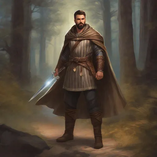 Prompt: (Fullbody) male adult martial fighter manly face short-hair grey stripes, bearded, no shirt hairy chest, heavy belt , swirly magic, brown boots, cloak, pathfinder, dungeons and dragons, outside a town by a forest at night, holding a weapon, in a painted style, realistic