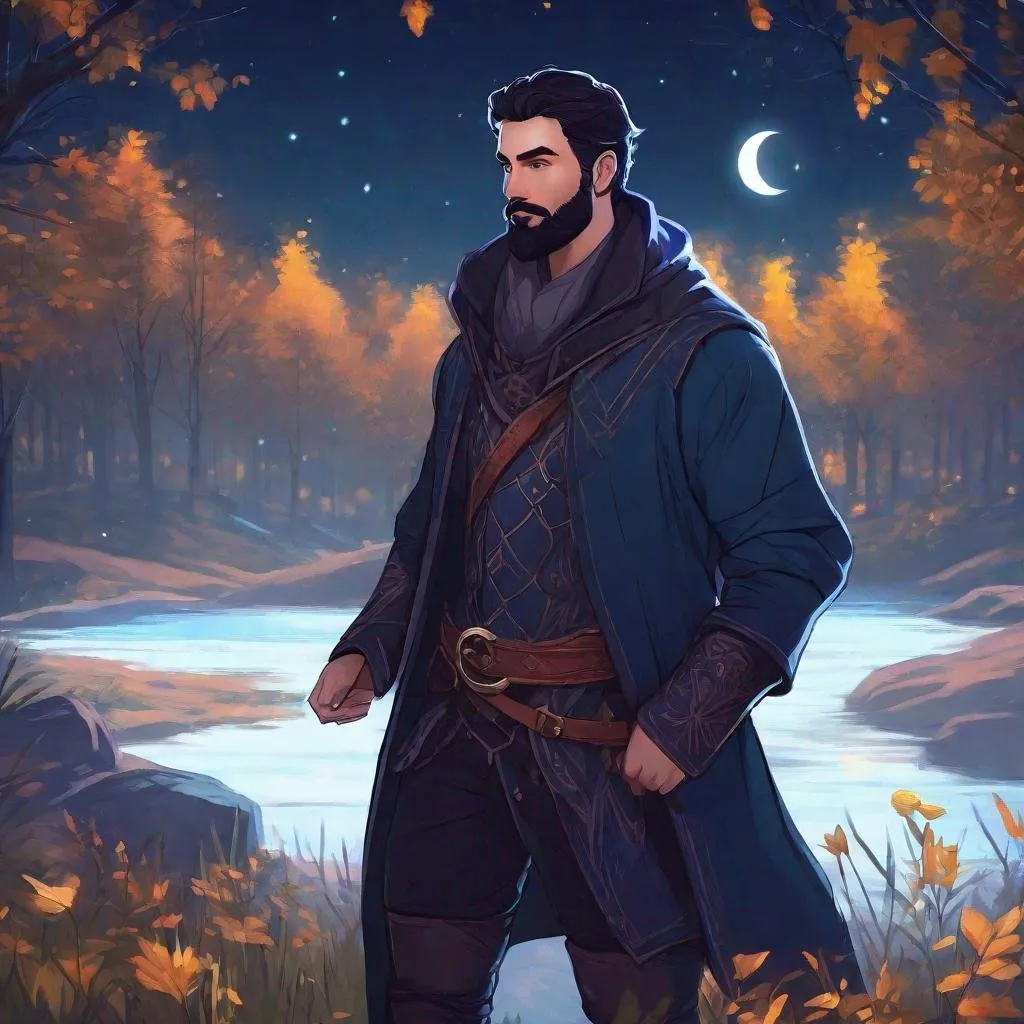 Prompt: A male magus with short dark hair and beard, in nature at night, boots, pathfinder, in a detailed realistic digital art style