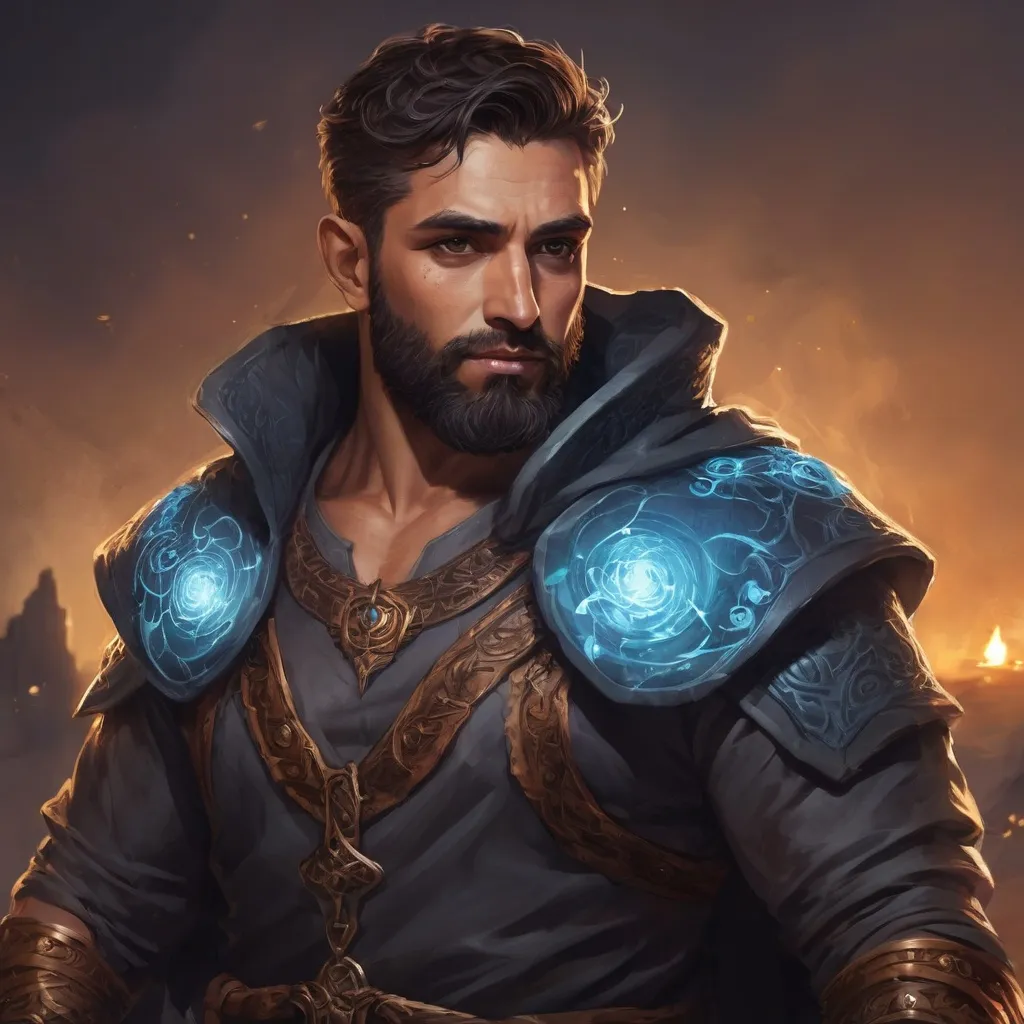 Prompt: male stocky heavy-set arab transmuter with short hair and beard,  hairy chest, casting swirly bright spell, in nature at night, pathfinder, d&d setting, in a realistic high quality digital art style