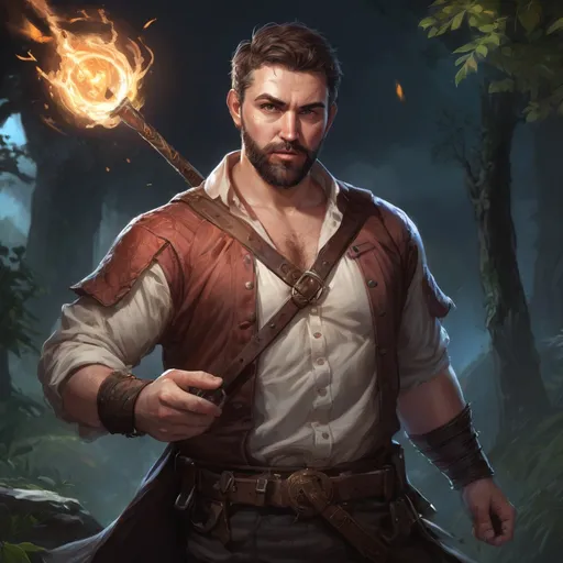 Prompt: Male stocky large fat templar with short-cut hair and beard, open shirt hairy chest, in combat casting a magic-ray out of hands in nature at night, pathfinder, d&d setting, in a realistic high quality digital art style, enhanced shadow quality, colorful