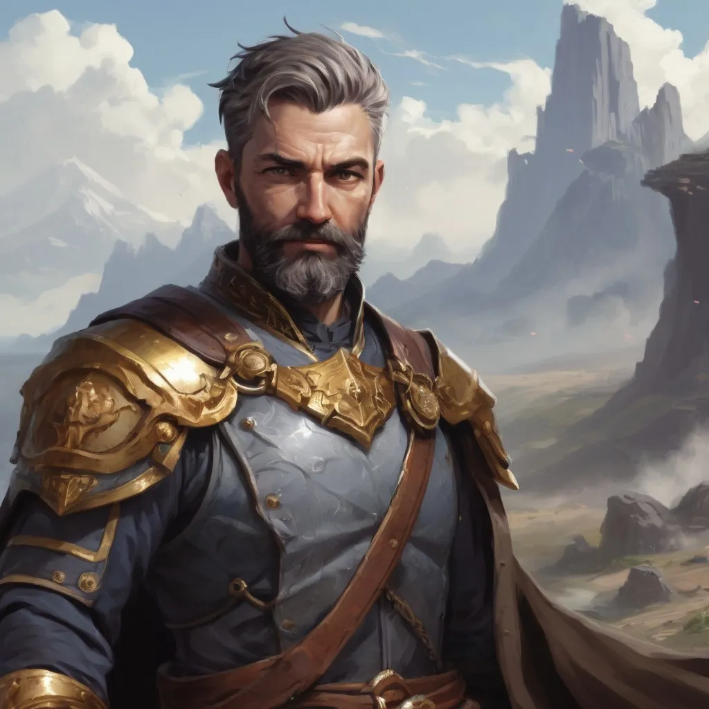 Prompt: Male heavy-set mature fit arcanist with short-cut hair and beard, in a windy battlefield, pathfinder, d&d setting, enhanced shadow quality
