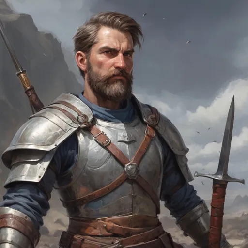 Prompt: Male heavy-set mature fit Pikeman with short-cut hair and beard, holding fantasy-weapon , in a windy battlefield, pathfinder, d&d setting, enhanced shadow quality