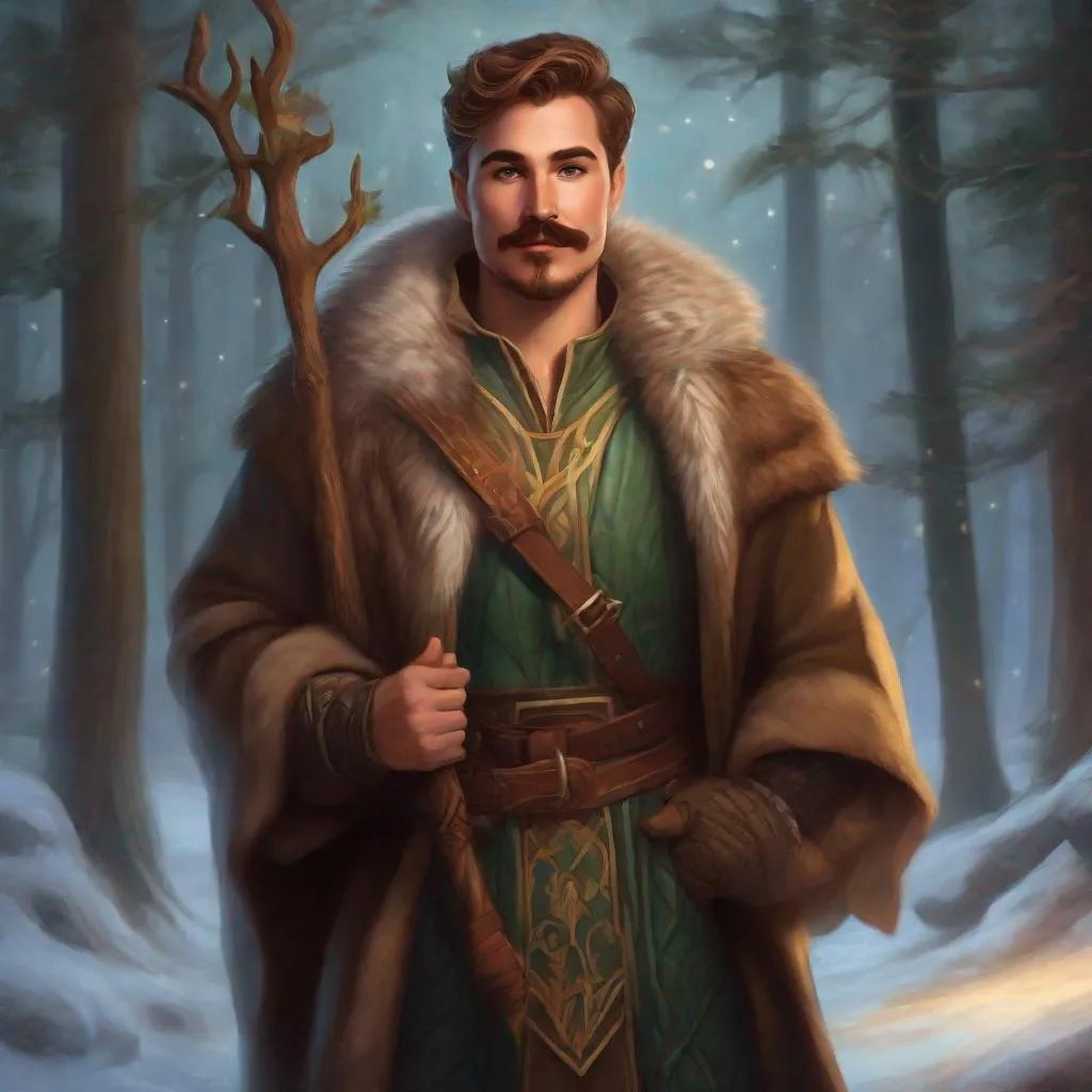 Prompt: (Full body) A male winter druid with short cut hair with a mustache and stubble manly face, pathfinger, magic swirl, holding magic , dungeons and dragons, brown boots, fantasy setting, in a forest glade at night, in a painted style realistic art