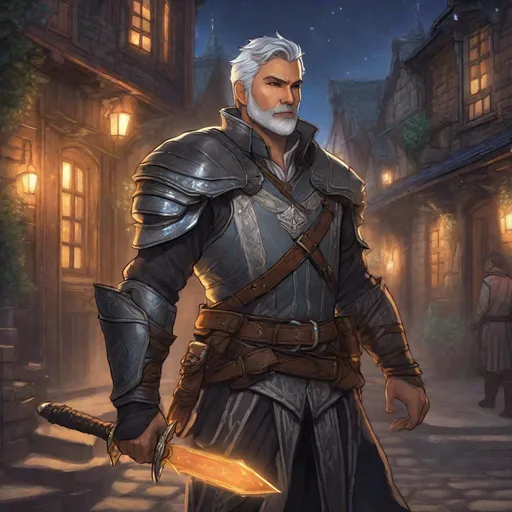 Prompt: (Full body) A male short-haired knight looks like older with open shirt hairy chest and short beard grey-striped hair, glowing magic, fantasy weapon, leather shirt with details, manly, pathfinder, dungeons and dragons fantasy setting, night time in a town street, in a painted style, realistic