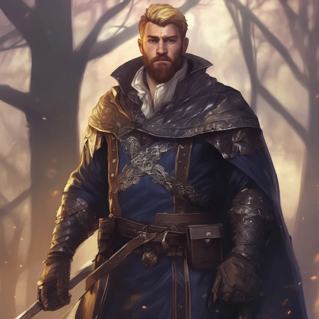 Prompt: (Full body) male stocky big-chested Noble thief with blonde short hair and beard, in nature at night, pathfinder, d&d setting, in a realistic digital art style