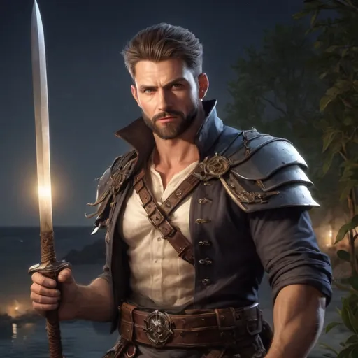 Prompt: male stocky muscular mature swashbuckler with short hair and beard, holding fantasy-weapon, in nature at night, pathfinder, d&d setting, Realistic, Enhanced shadow and light quality