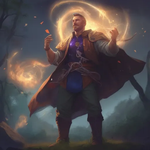 Prompt: (Full body) male stocky young muscular magus with short-cut hair and a mustache, casting an astral-spell, in nature at night pathfinder, d&d setting, in a realistic digital art style