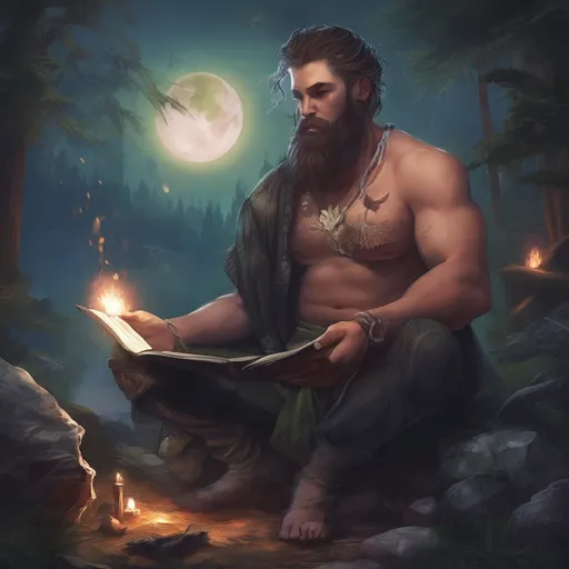 Prompt: (Full body) male stocky big-chested hairy-chested sorcerer with short hair and beard, no shirt on, casting a spell, in nature at night, pathfinder, d&d setting, in a realistic digital art style