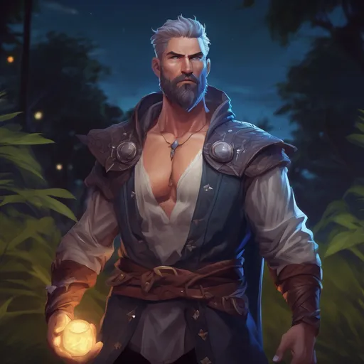 Prompt: (Full body) male muscular nature magus with short hair and beard, in nature at night, pathfinder, d&d setting, in a realistic digital art style