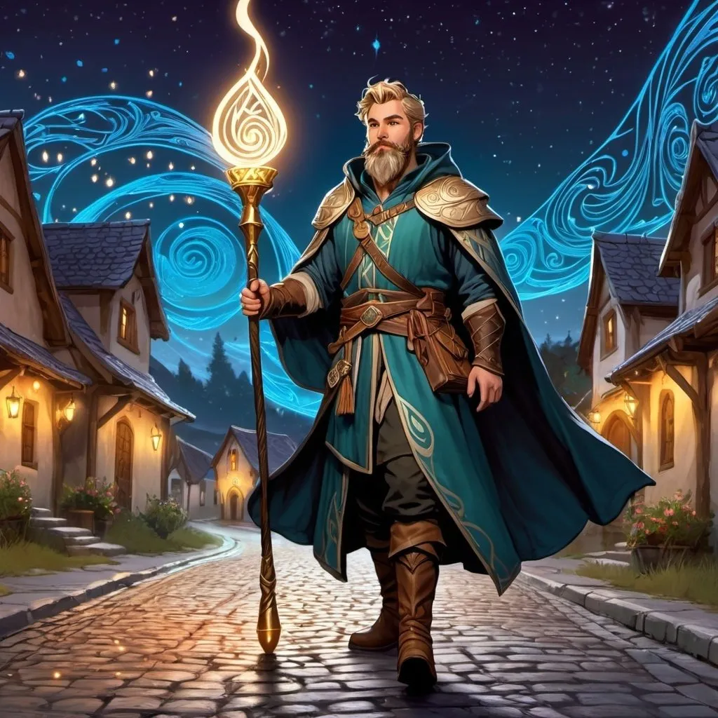 Prompt: A male druid with dark-blonde short hair and beard, holding magical staff, boots, magical swirls, standing on a road outside of a small town at night, pathfinder, dungeons & dragons, in a detailed realistic digital art style