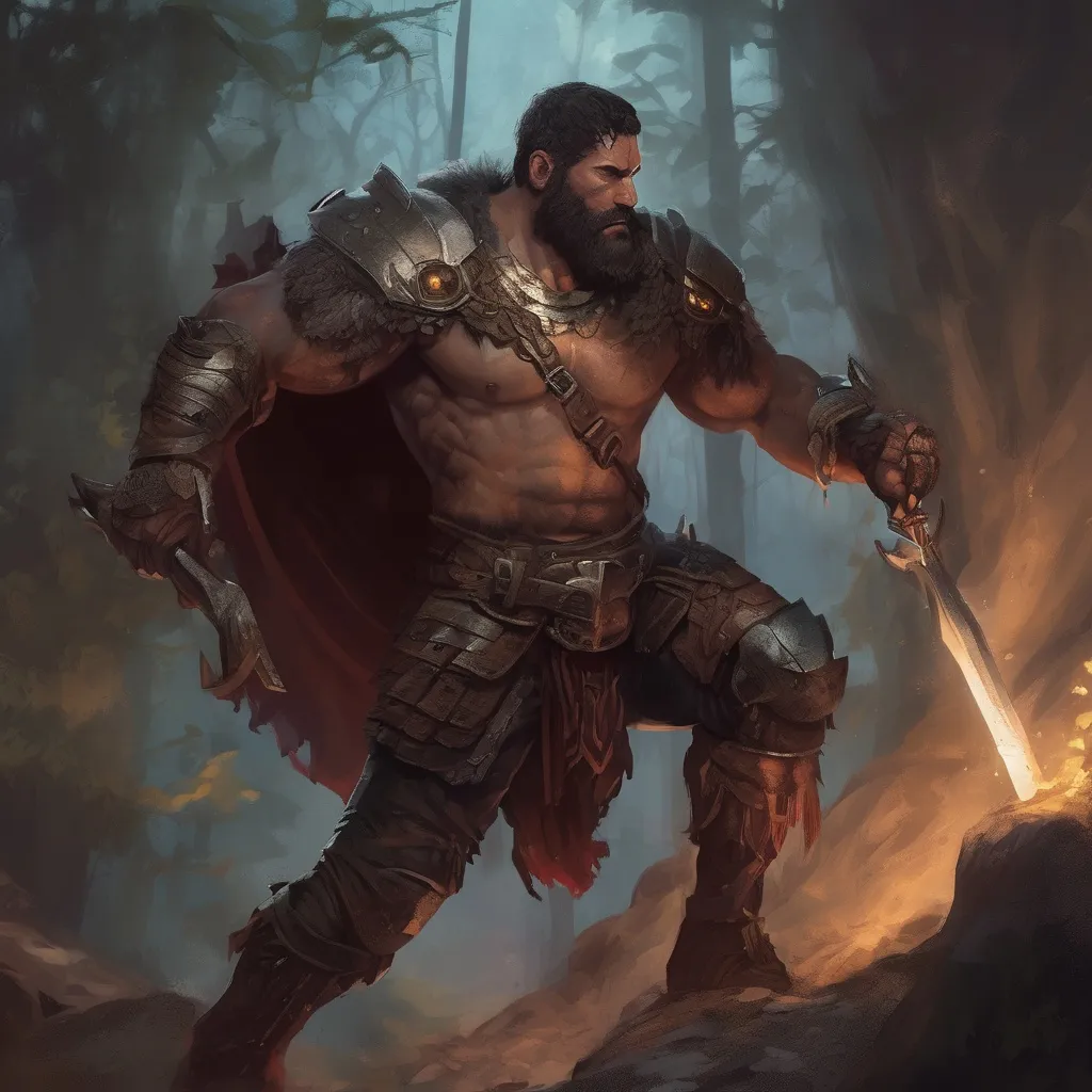 Prompt: (Full body) male handsome large muscular young albanian warrior with short hair and beard, outside of a cave by a forest at night, pathfinder, d&d setting, in a realistic high quality digital art style