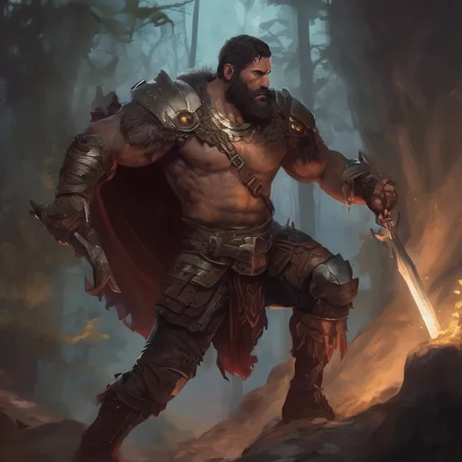 Prompt: (Full body) male handsome large muscular young albanian warrior with short hair and beard, outside of a cave by a forest at night, pathfinder, d&d setting, in a realistic high quality digital art style