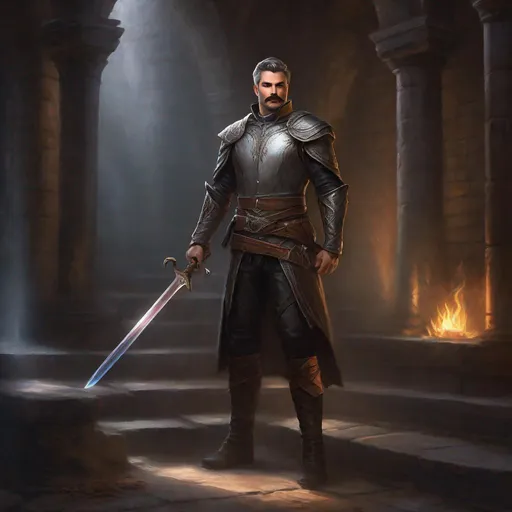 Prompt: (Full body) a male summoner with mustache and stubble grey short-cut hair, handsome manly face, belt, boots, leather pants, holding a sword, standing in a dark dungeon, fantasy setting, dungeons & dragons, in a painted style realistic art