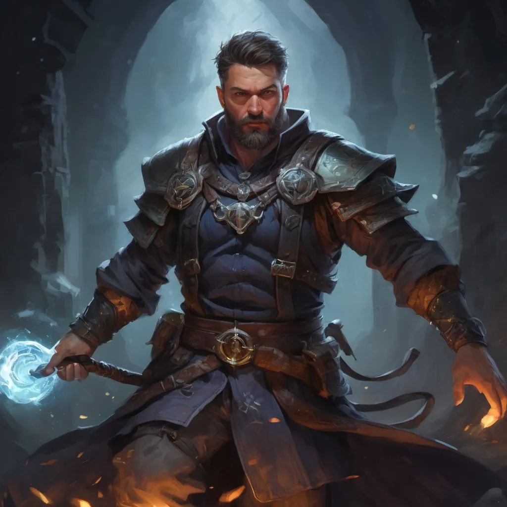 Prompt: Male stocky large mature arcane-hunter with short-cut hair and beard, engaged in combat casting a prismatic-light spell inside of a dark dungeon, pathfinder, d&d setting, in a realistic high quality digital art style, enhanced shadow quality, colorful
