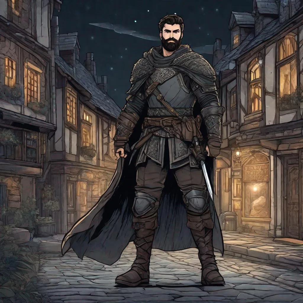 Prompt: (Full-body) A handsome hairy gay male warrior with dark short hair and short beard, weapon in one hand, dark armor with natural details, chest hair, cloak, boots, dark street in a town at night, in a shaded painted style