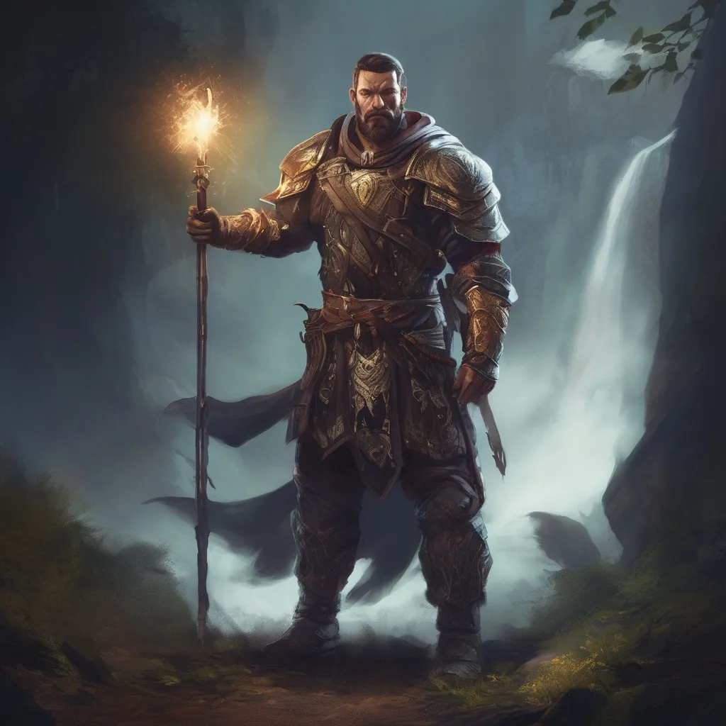 Prompt: (Full body) male handsome large muscular magical cleric with short hair and beard, outside of a cave by a forest at night, pathfinder, d&d setting, in a realistic high quality digital art style