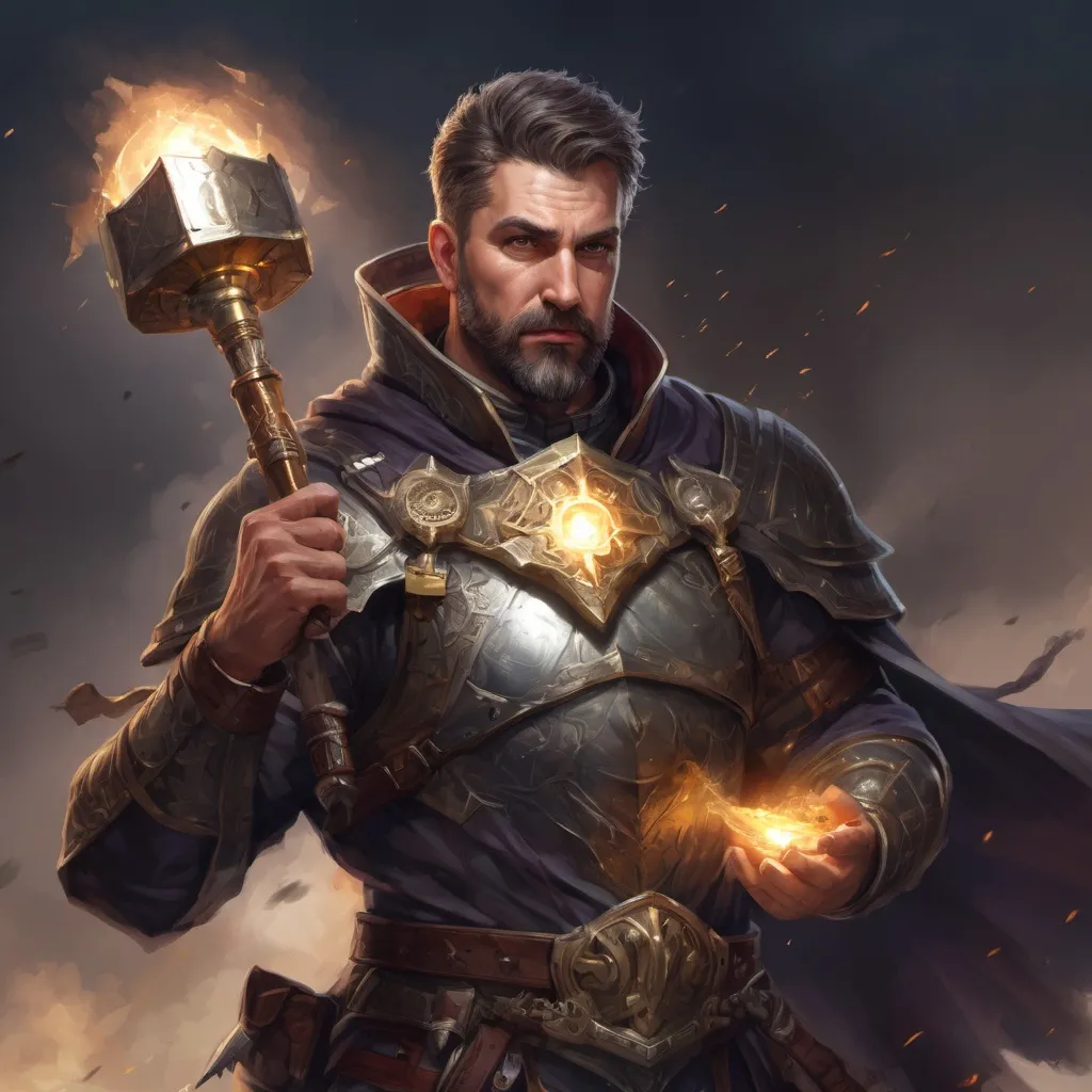 Prompt: Male stocky heavy-set large mature magical Holy paladin with short-cut hair and beard, on a battlefield, in combat, holding a mace, pathfinder, d&d setting, in a realistic high quality digital art style, enhanced shadow quality, colorful