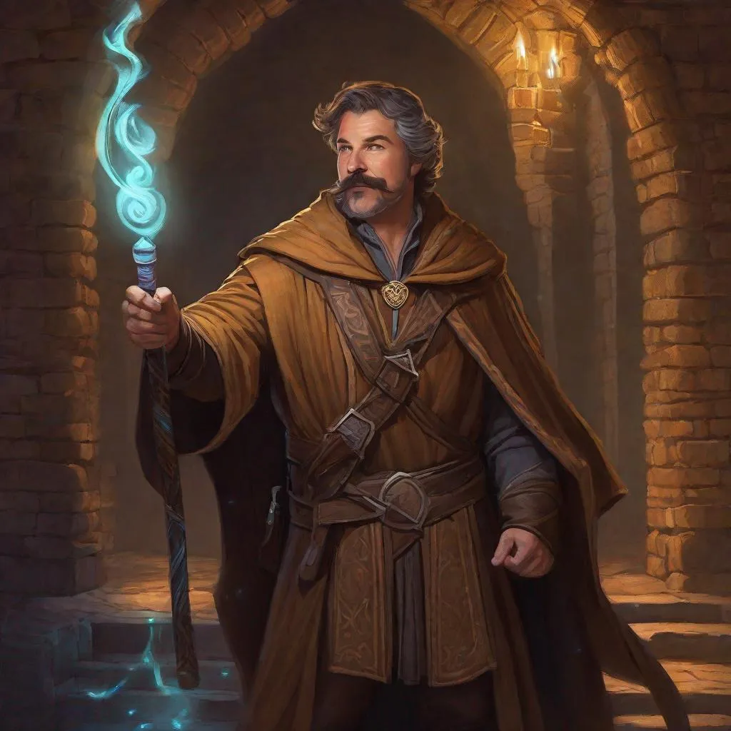 Prompt: (Fullbody) a mature mage manly face, brown-grey short-hair mustache and stubble, robe open chest hairy, heavy belt, brown boots, cloak, pathfinder, dungeons and dragons, exploring an old dungeon in the dark, holding a glowing swirly magic staff, in a painted style, realistic